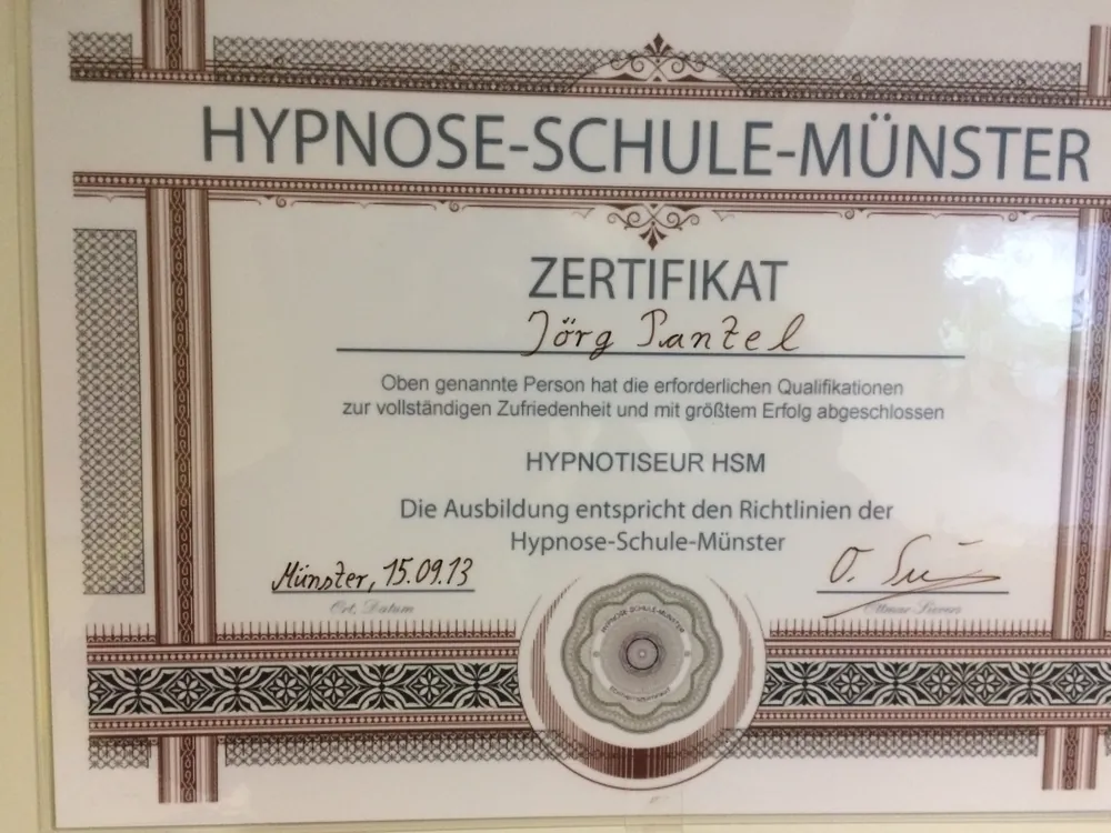 Zertifikat der Hypnose-Schule-Münster: Hypnoseur HSM