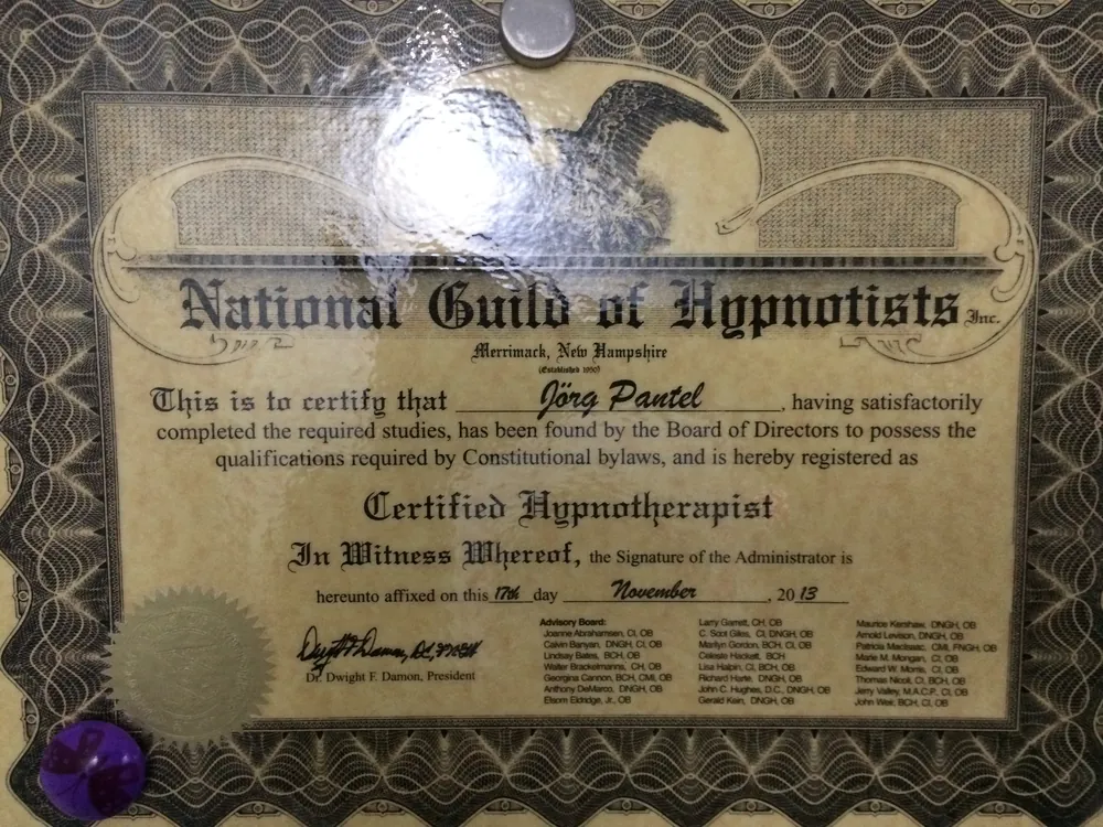 Urkunde der National Guild of Hypnotists für Jörg Pantel als Certified Hypnotherapist
