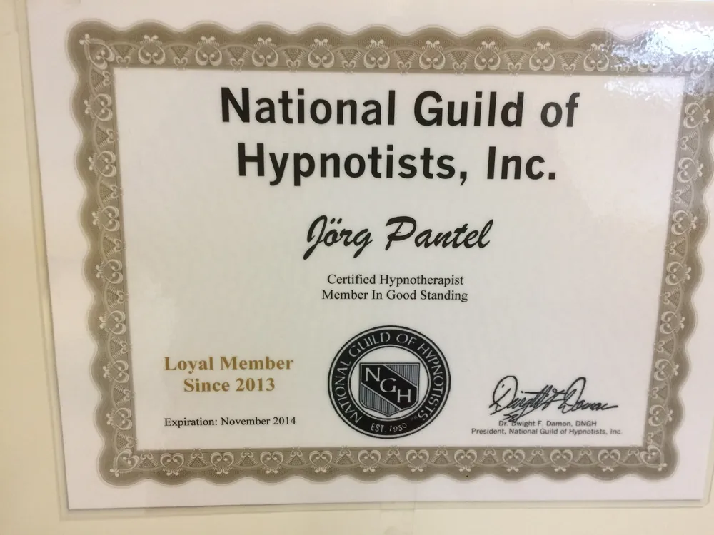 Urkunde der National Guild of Hypnotists, Inc. für Jörg Pantel
